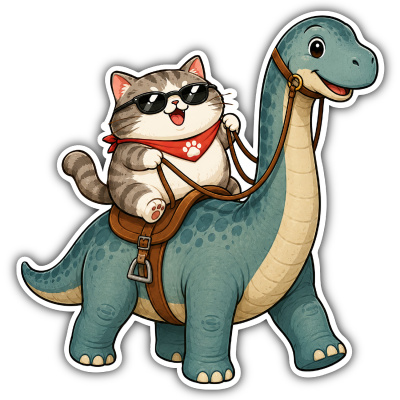 Aufkleber Katze reitet Langhals Dino