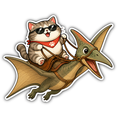 Aufkleber Katze reitet Flug Dino