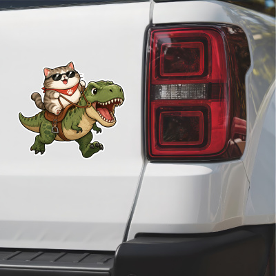 Aufkleber Katze reitet T-Rex Dino - Ansicht 2