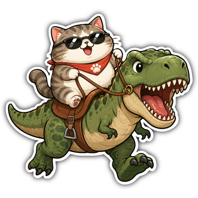 Aufkleber Katze reitet T-Rex Dino