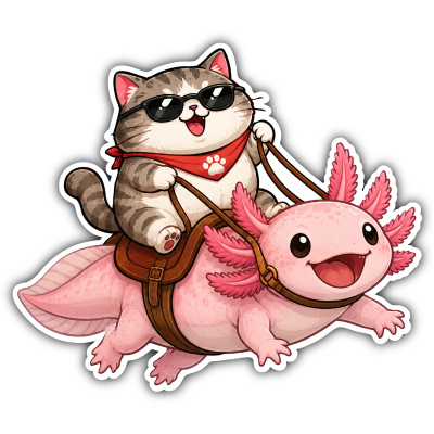 Aufkleber Katze reitet Axolotl