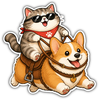 Aufkleber Katze reitet Corgi