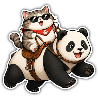 Aufkleber Katze reitet Panda