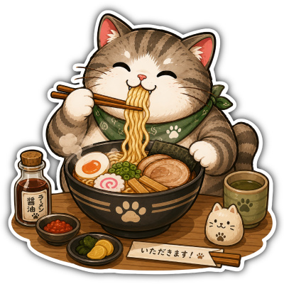 Aufkleber Katze isst Ramen