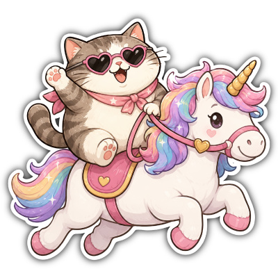 Aufkleber Katze reitet Einhorn